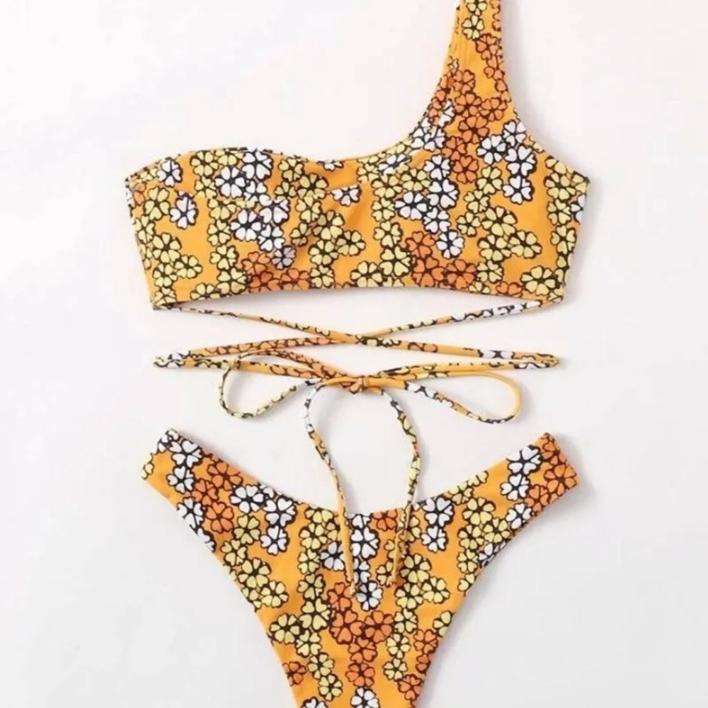 Romwe Orange Floral One Shoulder Bikini